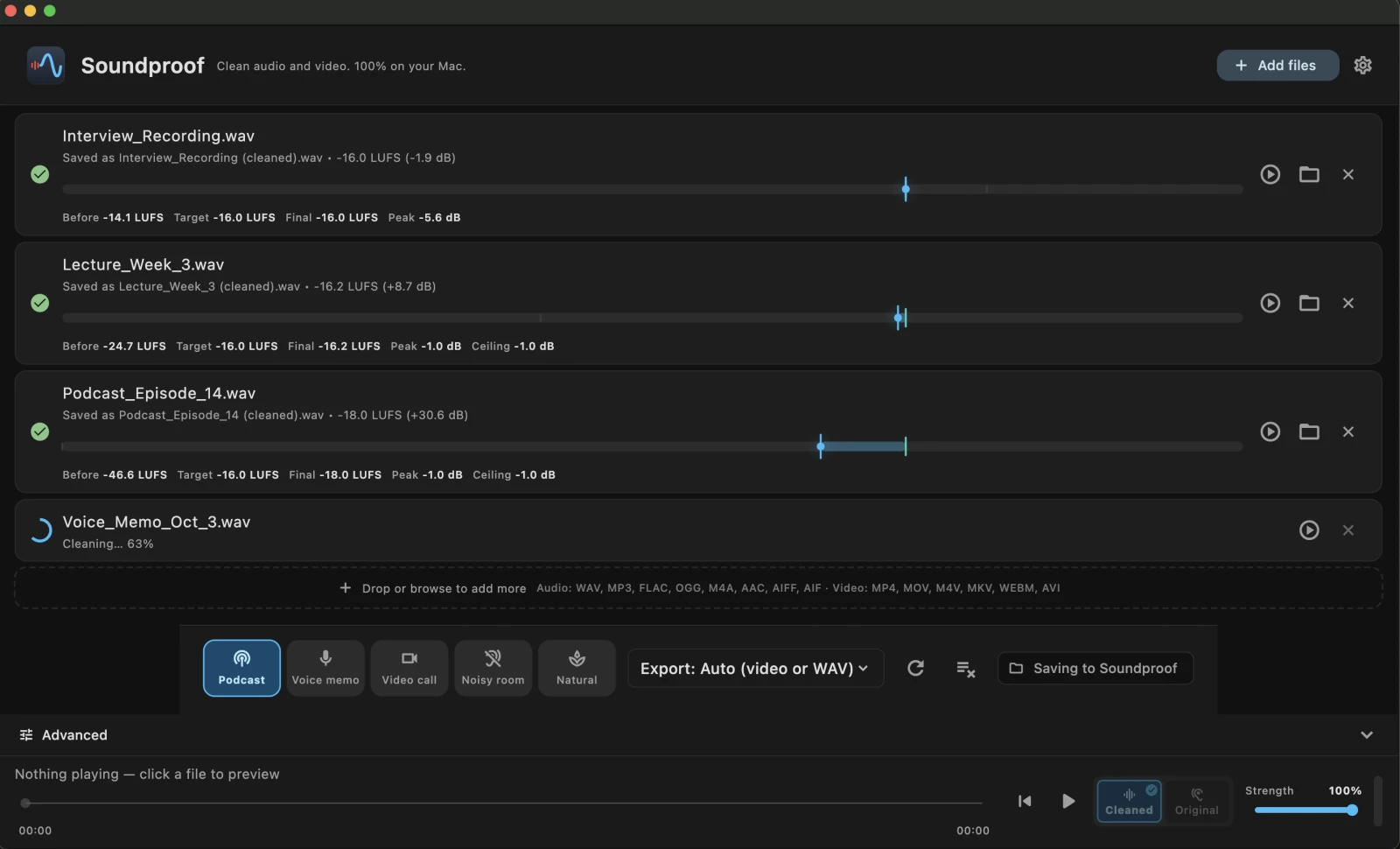 Soundproof's queue showing several files, most cleaned and one still processing