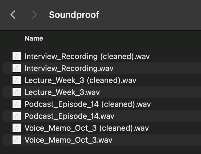 Finder window showing cleaned interview and lecture recordings saved next to their originals