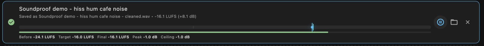 Soundproof's loudness meter showing before LUFS, target, final LUFS, gain and peak status