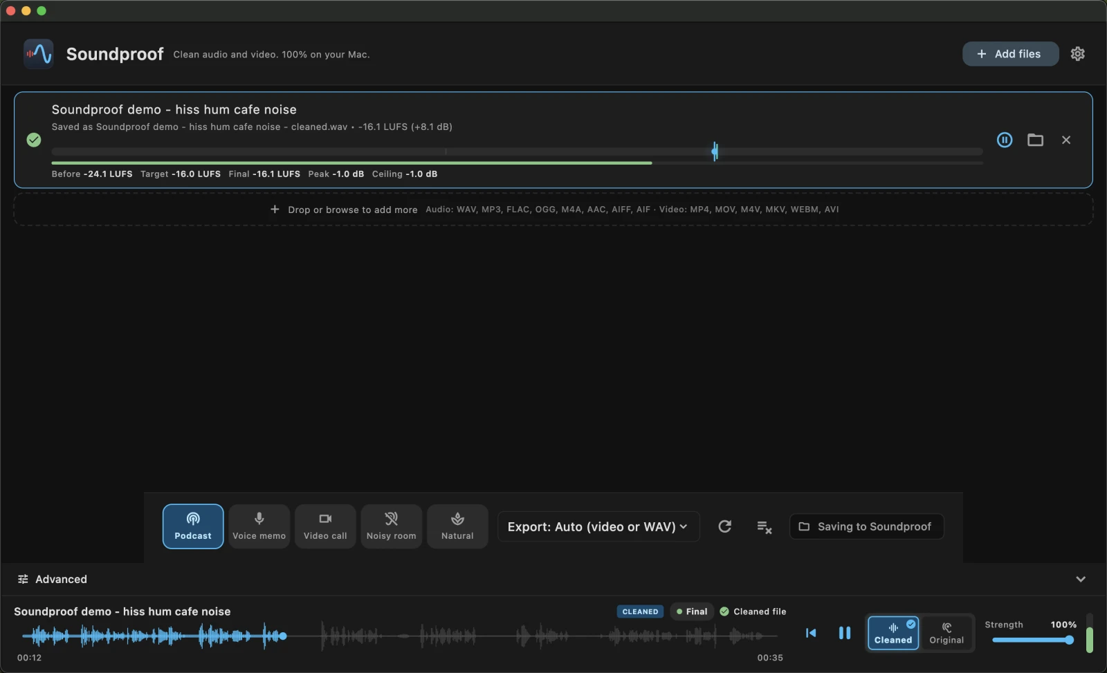 Soundproof's main window showing a loaded file, presets, and the loudness meter