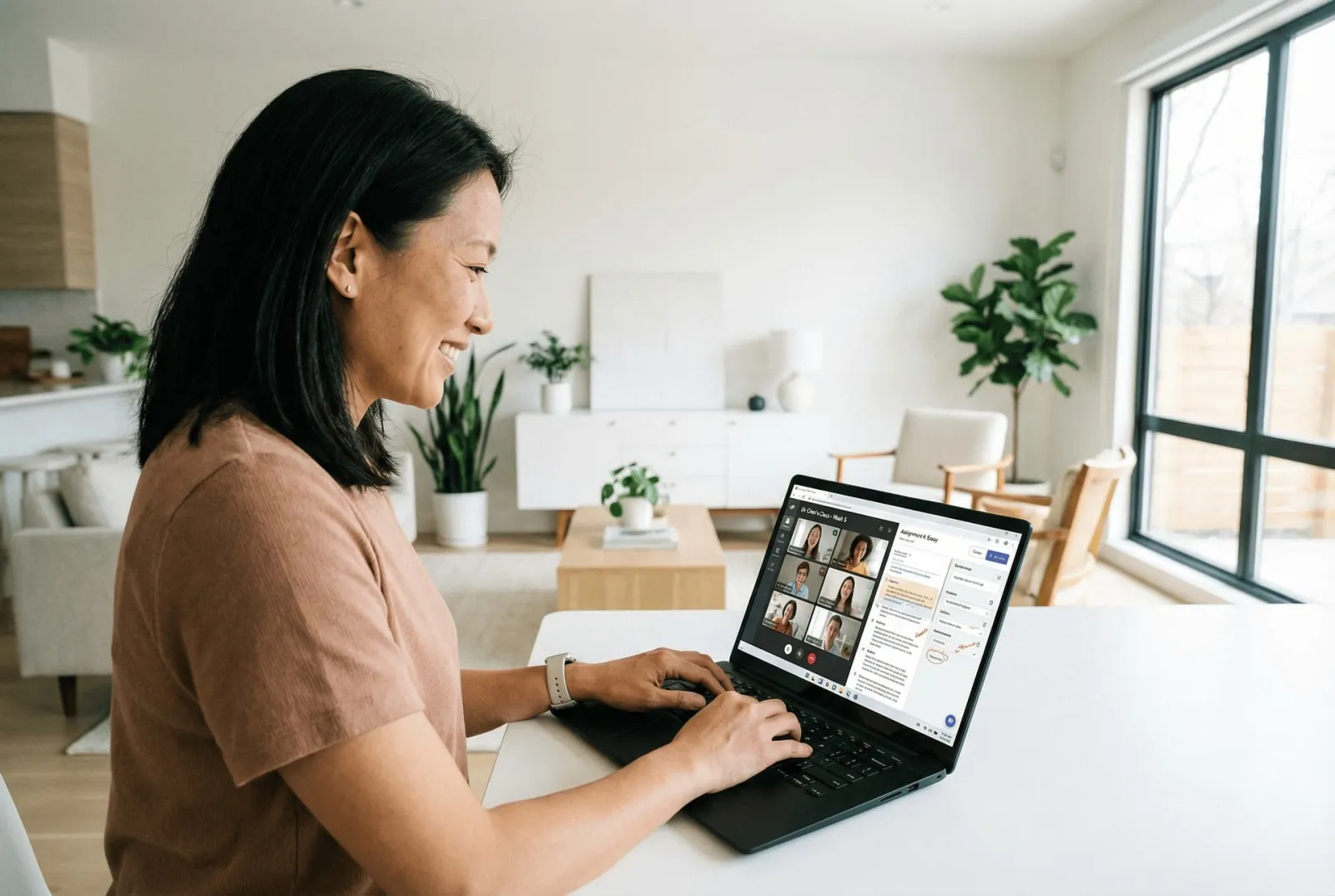 A person on a laptop video call at home